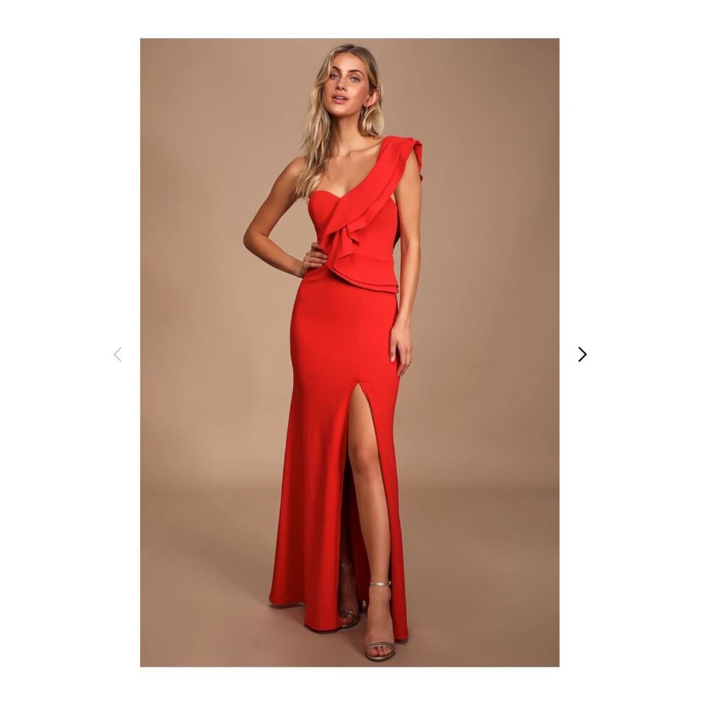 Lulu's Scarlet One-Shoulder Ruffle Maxi Dress with High Slit